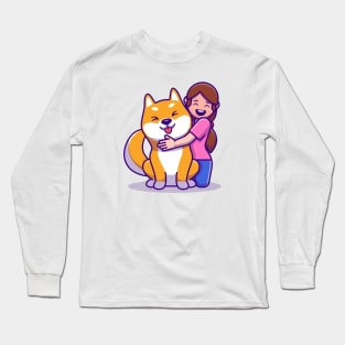 Cute Girl With Shiba Inu Dog Cartoon Long Sleeve T-Shirt